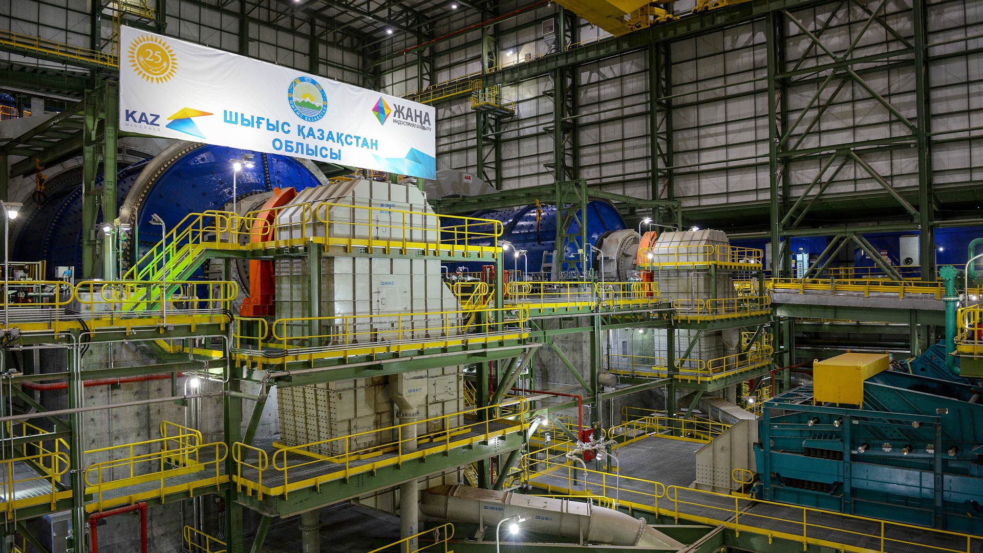 Left hand view of indoor multi-level machinery that assists in sulphide operations. 